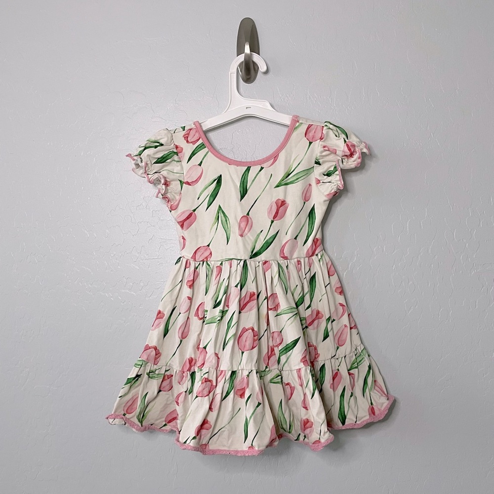 Girl August Market Dress - Tulips 4T pink and white Easter twirl dress
